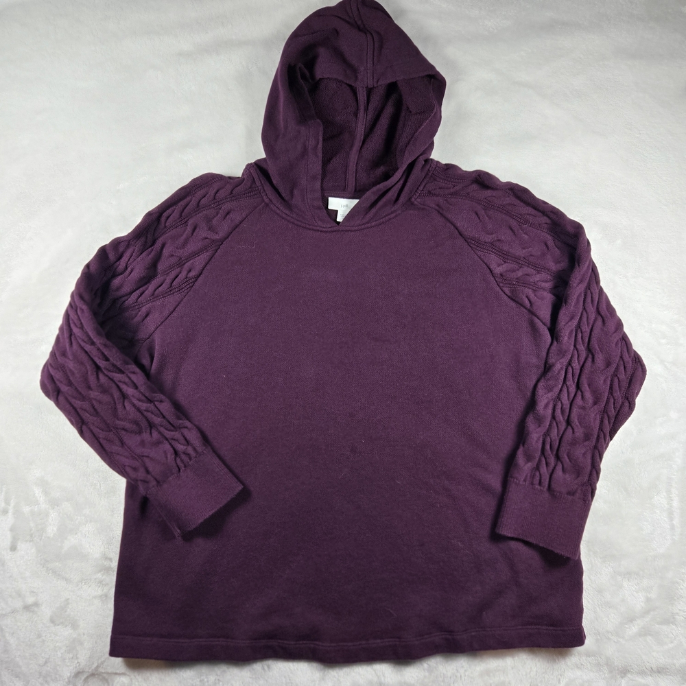 J Jill Hooded Sweater XL Plum Purple Cable Knit Sleeve Cozy Pullover Hoodie